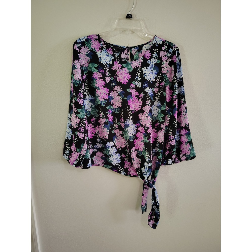 Talbots Floral Side Tie Blouse Womens Large Black Purple 3/4‎ Sleeve Keyhole Top